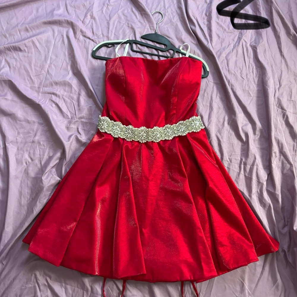 Sherri Hill Strapless Red Dress with Silver Embellishments